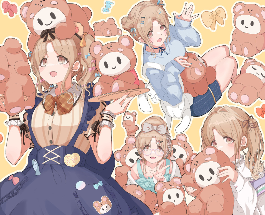 1girl absurdres blue_dress blue_sweater blush breasts brown_eyes brown_hair brown_skirt candy double_bun dress food frilled_sleeves frilled_suspenders frills glasses hair_bun high-waist_skirt highres holding holding_stuffed_toy holding_tray ichikawa_hinana idolmaster idolmaster_shiny_colors large_breasts long_hair multiple_views nightgown official_alternate_costume official_alternate_hairstyle open_mouth puffy_sleeves raichita skirt smile solo stuffed_animal stuffed_toy sweater teddy_bear tray twintails white_sweater