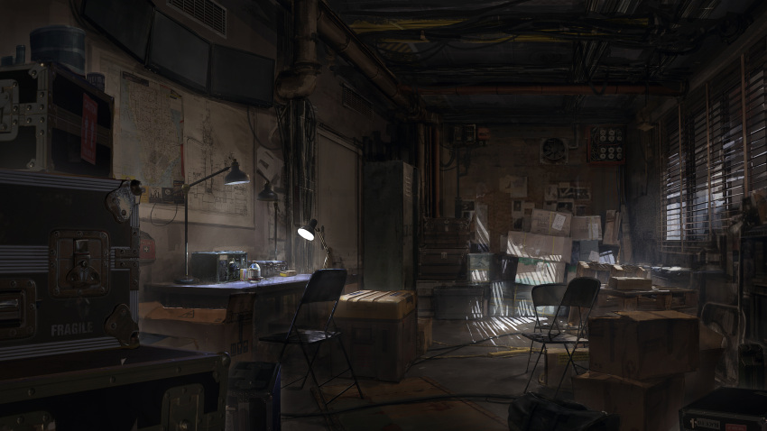 absurdres bag blinds box bulletin_board cable cardboard_box chair chinese_commentary commentary_request desk_lamp duffel_bag first_aid_kit folding_chair girls_frontline highres indoors industrial_pipe lamp light_rays locker manha_utsutsuki map monitor no_humans official_art scenery table tom_clancy's_the_division vent_(object) window