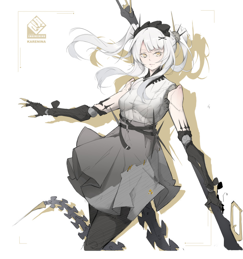 1girl absurdres cdlo character_name character_request check_character grey_hair hair_ornament highres holding holding_weapon joints karenina_(punishing:_gray_raven) long_hair maid_headdress mechanical_arms orange_eyes punishing:_gray_raven robot_joints twintails weapon x_hair_ornament