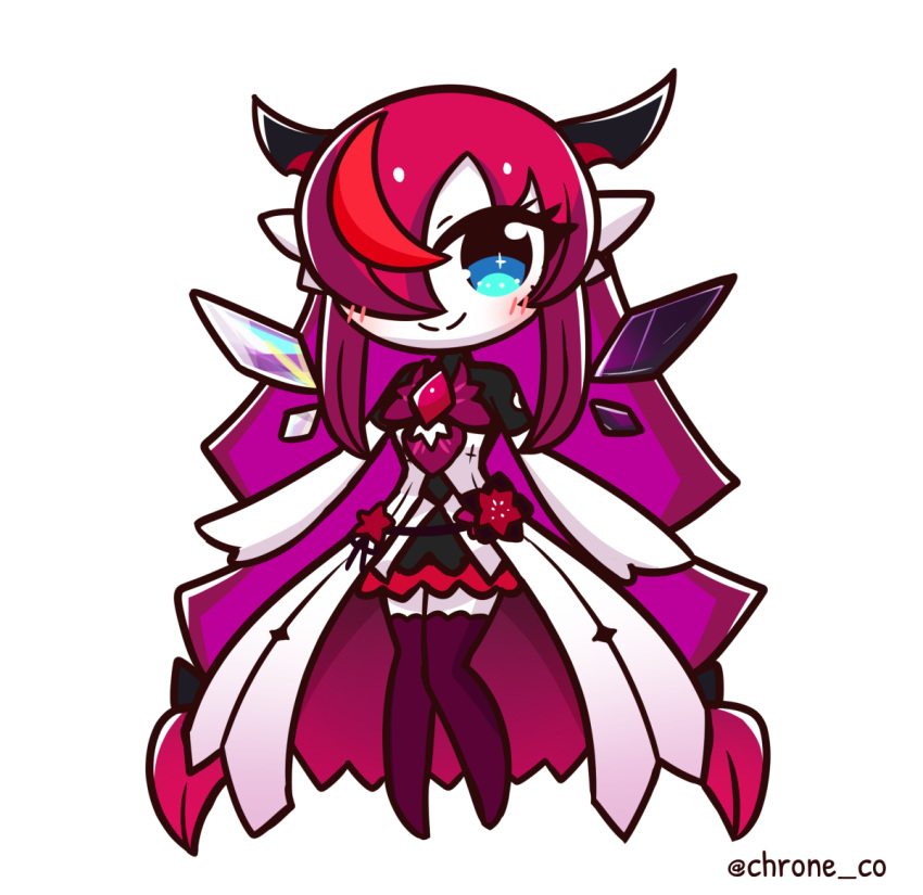 1girl asymmetrical_wings blue_eyes brooch chibi chroneco commentary crystal_wings detached_wings dress english_commentary fusion gardevoir heart_brooch hololive hololive_english horns irys_(hololive) jewelry long_hair looking_at_viewer multicolored_hair pokemon purple_hair purple_thighhighs redhead simple_background smile solo streaked_hair thigh-highs twitter_username very_long_hair virtual_youtuber white_background white_dress wings