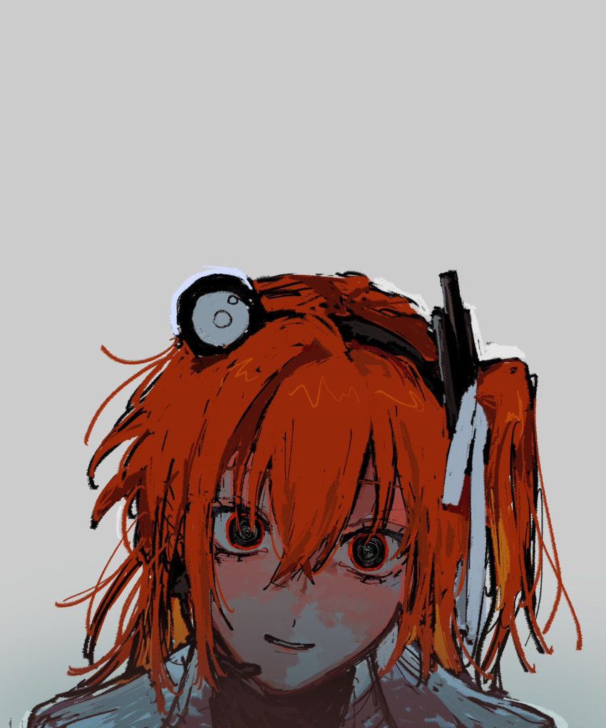 1girl a.i._voice adachi_rei android artificial_eye black_shirt camera_lens chiiku commentary_request grey_background grin hair_between_eyes hair_ribbon head_tilt headlamp headset highres jacket looking_at_viewer mechanical_eye medium_hair messy_hair microphone negative_space one_side_up orange_eyes orange_hair portrait radio_antenna raised_eyebrows ribbon shirt simple_background single_hair_intake smile solo turtleneck utau white_jacket white_ribbon wide-eyed