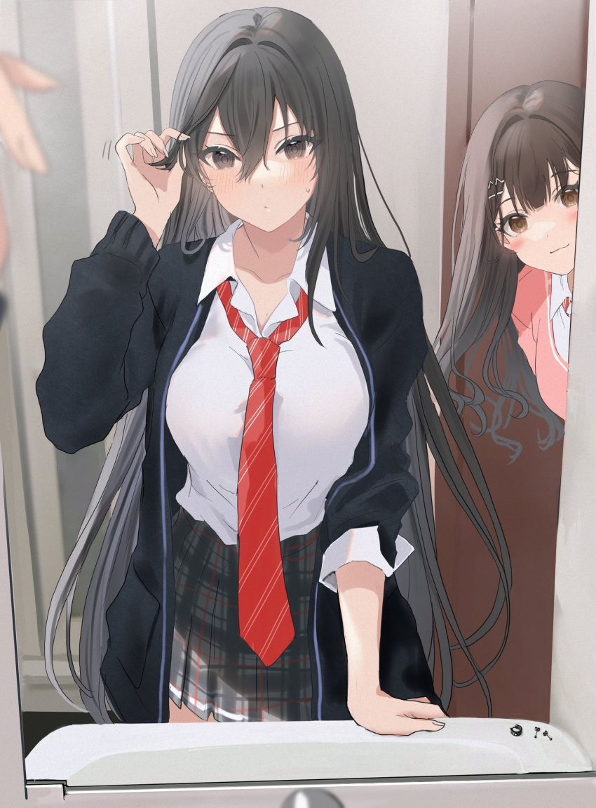 2girls black_hair black_jacket blush breasts brown_eyes closed_mouth collared_shirt commentary_request diagonal-striped_necktie female_pov grey_skirt hair_between_eyes hair_ornament hairclip hamu_(plot_sy) hand_up highres indoors jacket large_breasts looking_at_viewer mirror multiple_girls necktie open_clothes open_jacket original peeking_out pink_jacket plaid plaid_skirt pleated_skirt pov red_necktie reflection school_uniform shirt skirt smile solo_focus sweat v-shaped_eyebrows white_shirt