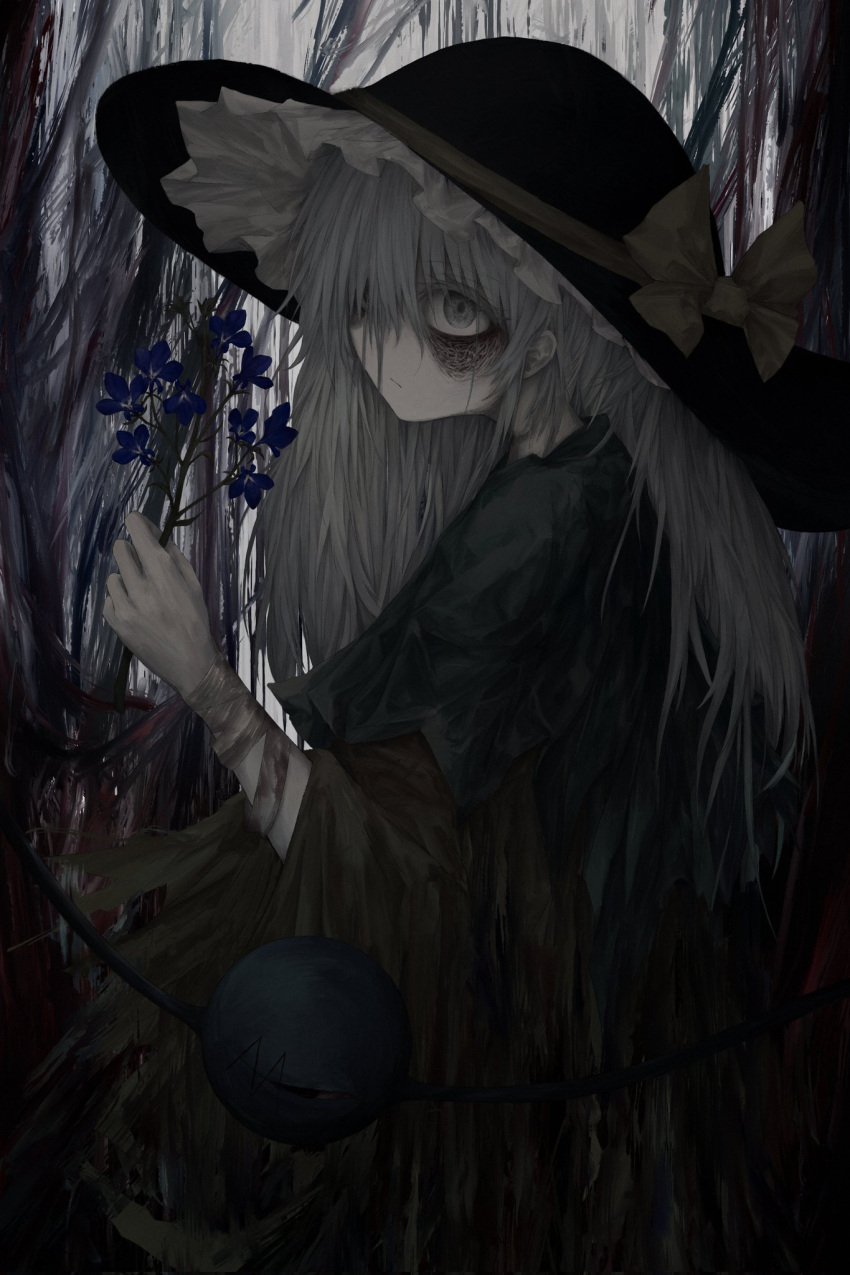 1girl bags_under_eyes bandages black_dress blood blood_on_bandages dress flower forest frilled_hat frills green_eyes green_hair hat highres holding holding_flower komeiji_koishi long_hair long_sleeves looking_at_viewer loose_bandages messy_hair nature pale_skin reverinth ribbon solo sun_hat touhou