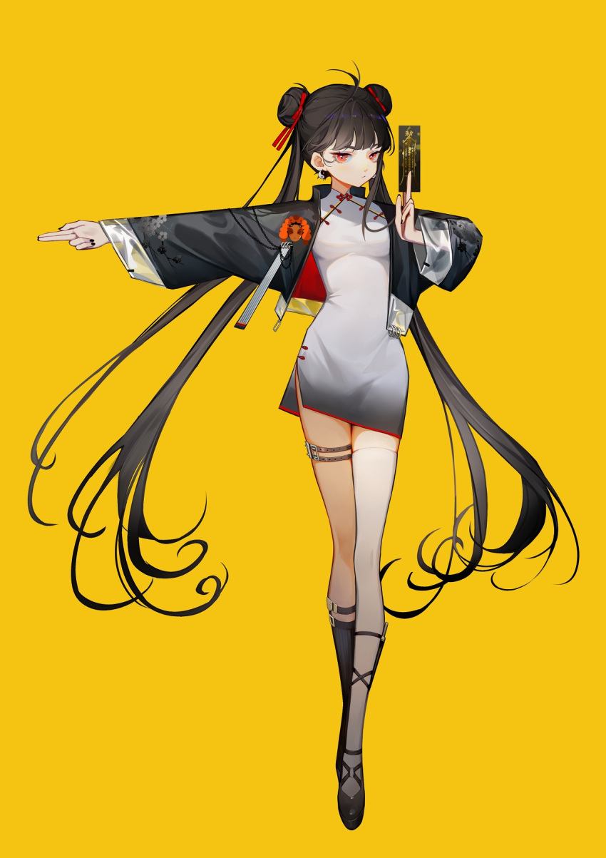 1girl ahoge belt black_hair black_nails braid braided_bun china_dress chinese_clothes double_bun dress earrings gradient_dress hair_bun hair_spread_out highres holding jewelry long_hair looking_at_viewer original outstretched_arm pointing pointing_to_the_side red_eyes side_slit simple_background single_thighhigh standing talisman thigh-highs thigh_belt thigh_strap white_thighhighs yamakawa_(huangquanmonu) yellow_background yin_yang yin_yang_earrings