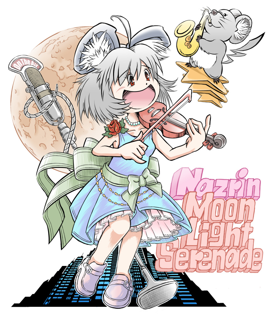 1girl 49894989-4989 absurdres ahoge animal_ear_fluff animal_ears blue_dress bow_(music) building character_name collarbone dress dress_flower english_text flower grey_hair highres holding holding_instrument instrument jewelry microphone moon mouse mouse_ears mouse_girl mouse_tail music nazrin necklace open_mouth pearl_necklace playing_instrument red_eyes red_flower red_rose rose saxophone short_hair skyscraper studio_microphone tail touhou violin white_background white_footwear