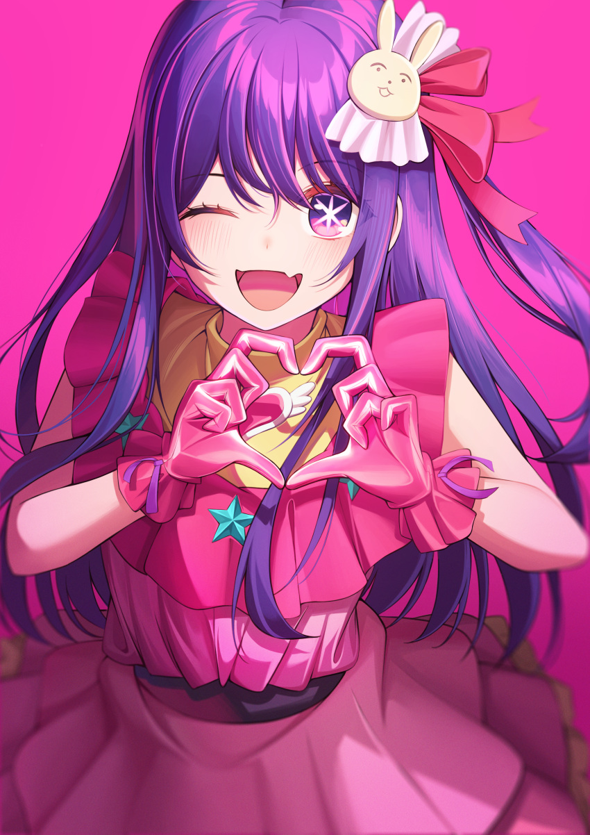 1girl :d absurdres blush commentary dress fang gloves hair_ornament hair_ribbon hands_up heart heart_hands highres hoshino_ai_(oshi_no_ko) idol long_hair looking_at_viewer one_eye_closed open_mouth oshi_no_ko pink_background pink_dress pink_gloves purple_hair rabbit_hair_ornament ribbon simple_background skin_fang sleeveless sleeveless_dress smile solo sora_(men0105) star-shaped_pupils star_(symbol) symbol-shaped_pupils violet_eyes