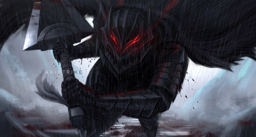 1boy aki_(akistrike) armor artist_name berserk berserker_armor black_armor black_cloak blood blood_on_weapon cloak commentary dragonslayer_(sword) english_commentary full_armor glowing glowing_eyes guts_(berserk) helmet holding holding_sword holding_weapon incoming_attack male_focus red_eyes shoulder_armor solo sword weapon