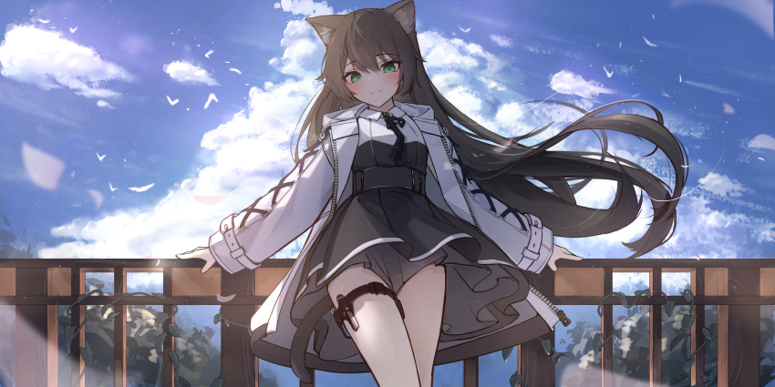 1girl absurdres animal_ear_fluff animal_ears black_hair blue_sky blush canizzz cat_ears cat_tail closed_mouth clouds cloudy_sky day fence green_eyes hair_between_eyes highres hood jacket korean_commentary long_hair looking_at_viewer open_clothes open_jacket original outdoors sidelocks sky smile solo tail thigh_strap two-tone_dress white_jacket