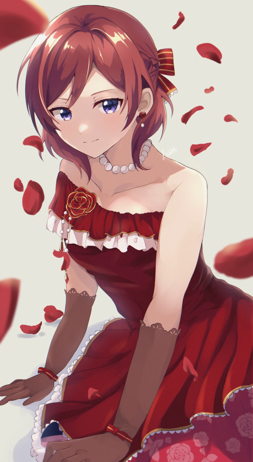 1girl absurdres artar_12 bead_necklace beads closed_mouth commentary_request dress earrings elbow_gloves falling_petals floral_print gloves highres jewelry love_live! love_live!_school_idol_project necklace nishikino_maki official_alternate_costume petals red_dress redhead short_hair sleeveless solo violet_eyes