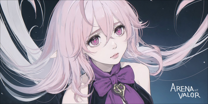 arena_of_valor border bow bowtie copyright_name d.k facing_viewer hair_between_eyes hair_spread_out keera_(arena_of_valor) long_hair parted_lips pink_hair pink_pupils pointy_ears purple_bow purple_bowtie red_lips sidelocks solo violet_eyes