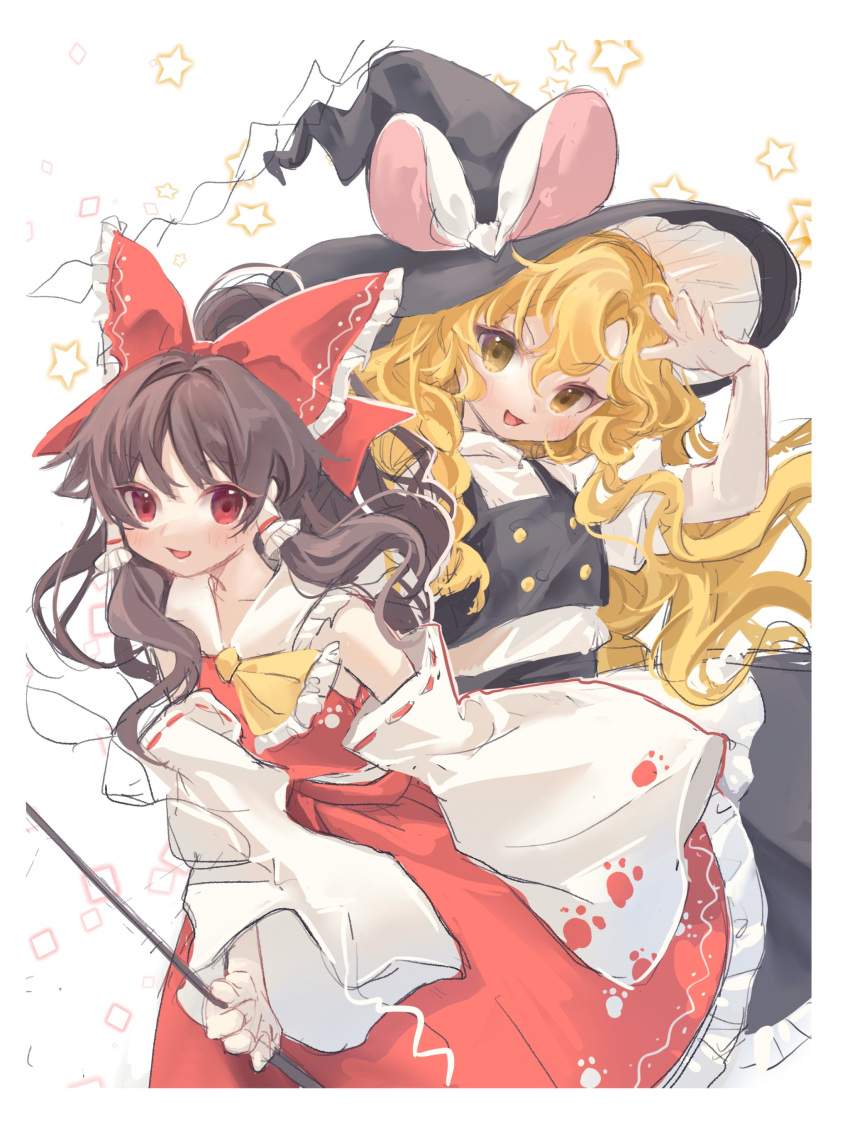 2girls 80isiiii :d absurdres ascot black_headwear black_skirt black_vest blonde_hair blush bow braid brown_hair collarbone commentary detached_sleeves frilled_bow frilled_hairband frilled_skirt frills gohei hair_bow hairband hakurei_reimu hand_up hat hat_bow highres holding holding_gohei kirisame_marisa long_hair looking_at_viewer multiple_girls open_mouth paw_print pink_bow red_bow red_eyes red_skirt red_vest ribbon-trimmed_sleeves ribbon_trim shirt skirt skirt_set smile symbol-only_commentary touhou two-tone_bow unfinished_dream_of_all_living_ghost vest white_bow white_shirt white_sleeves wide_sleeves witch_hat yellow_ascot yellow_eyes