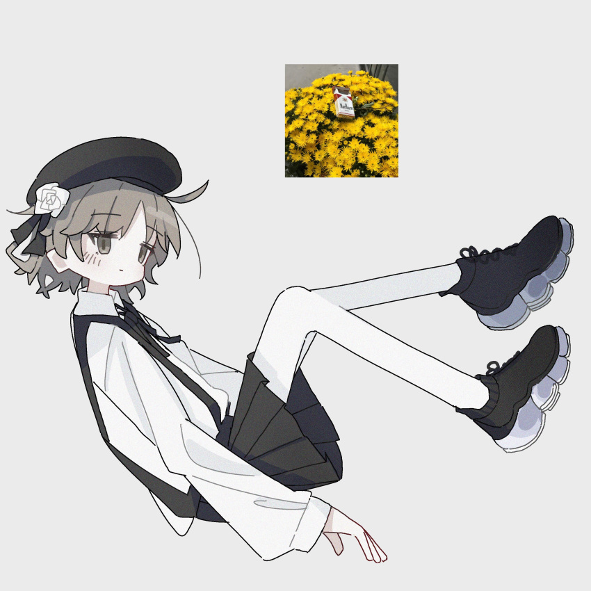 1girl absurdres ahoge beret black_headwear black_ribbon black_skirt brown_eyes cigarette_pack expressionless feet_up fertilizerrrr flower from_side hair_ribbon hat hatoba_tsugu highres invisible_chair light_brown_hair long_sleeves looking_at_viewer looking_to_the_side neck_ribbon pantyhose photo_inset platform_footwear pleated_skirt raised_eyebrows reclining ribbon rose shirt shirt_tucked_in shoes short_hair single_hair_ring sitting skirt sneakers solo suspender_skirt suspenders tsugu_(vtuber) virtual_youtuber white_flower white_pantyhose white_rose white_shirt yellow_flower