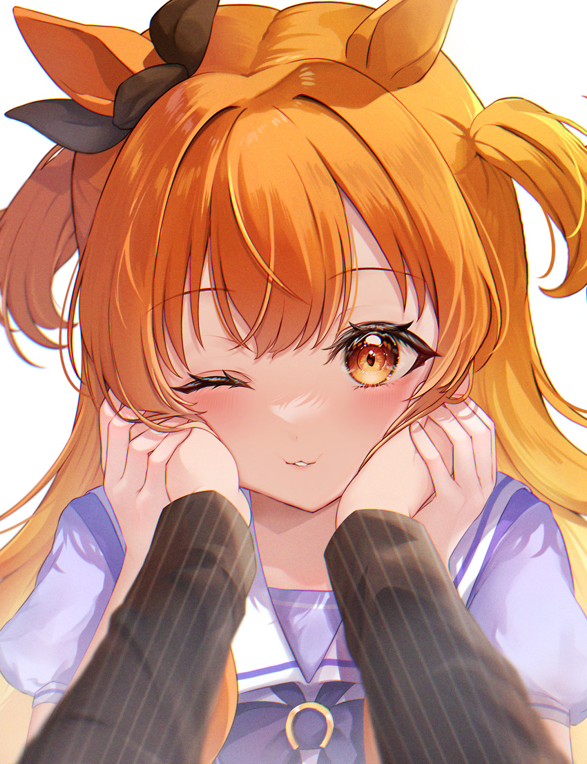 1girl absurdres animal_ears commentary_request film_grain hands_on_another's_cheeks hands_on_another's_face highres horse_ears horse_girl long_hair looking_at_viewer mayano_top_gun_(umamusume) mimuta one_eye_closed orange_eyes orange_hair pov pov_hands sailor_collar school_uniform solo_focus tracen_school_uniform two_side_up umamusume upper_body white_background