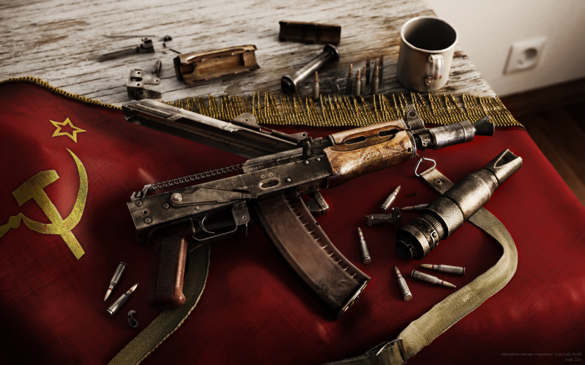 3d aks-74u alexander_yartsev ammunition assault_rifle commentary commentary_typo country_connection cup disassembly electrical_outlet english_commentary flag folding_stock fringe_trim game_cg gun hammer_and_sickle highres indoors kalashnikov_rifle mug muzzle_brake no_humans on_table red_star rifle rifle_cartridge sling soviet_flag spring_(object) star_(symbol) still_life table weapon weapon_focus wooden_floor wooden_table world_of_guns:_gun_disassembly
