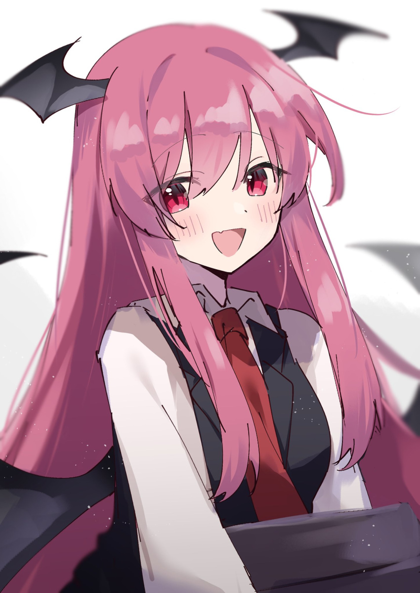 1girl bat_wings blush formal highres koakuma necktie open_mouth pink_hair red_eyes red_necktie simple_background smile solo suikario suit touhou white_background wings