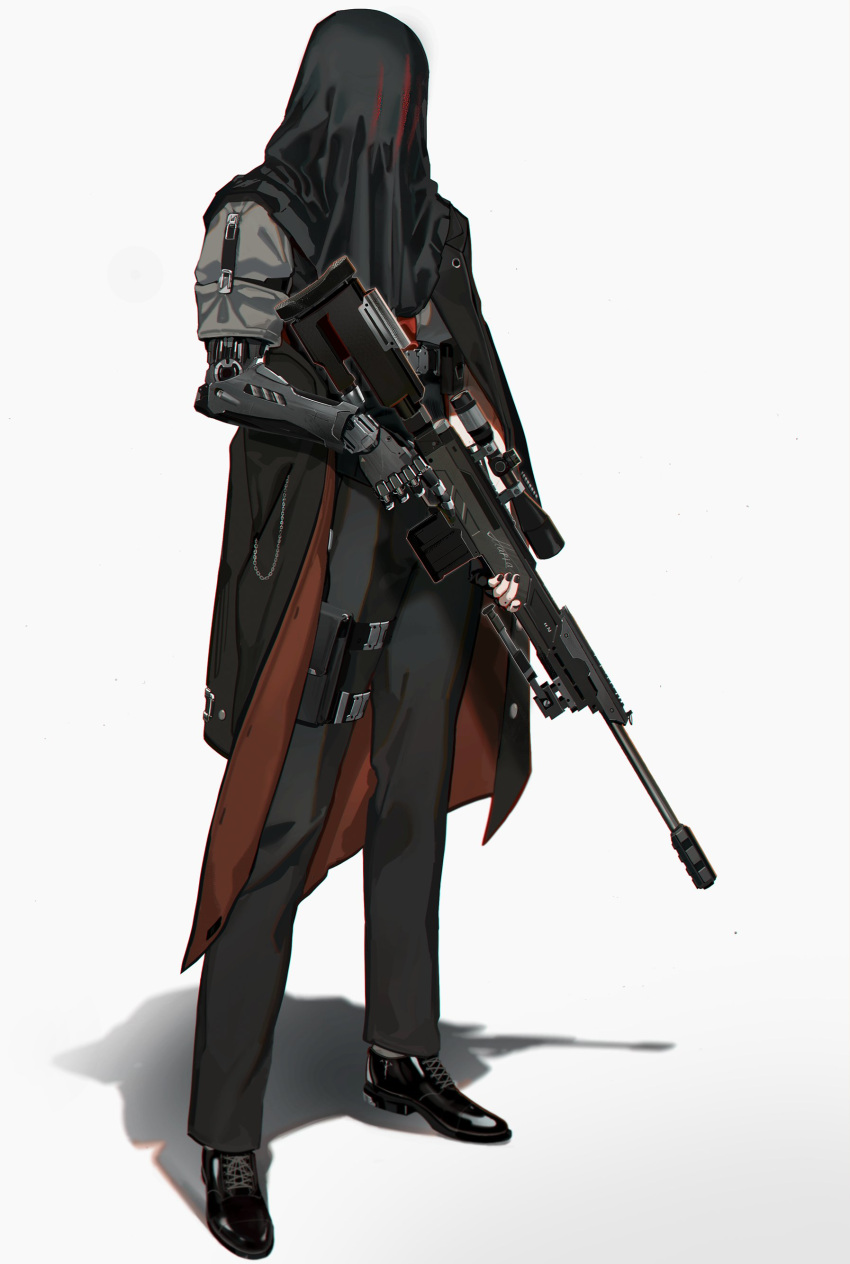 1other absurdres ambiguous_gender bipod black_footwear black_pants black_veil fingerless_gloves gloves gun highres holding holding_gun holding_weapon mechanical_arms nilzynox original pants rifle scope shadow shoes single_mechanical_arm sniper_rifle solo tactical_clothes trigger_discipline weapon white_background