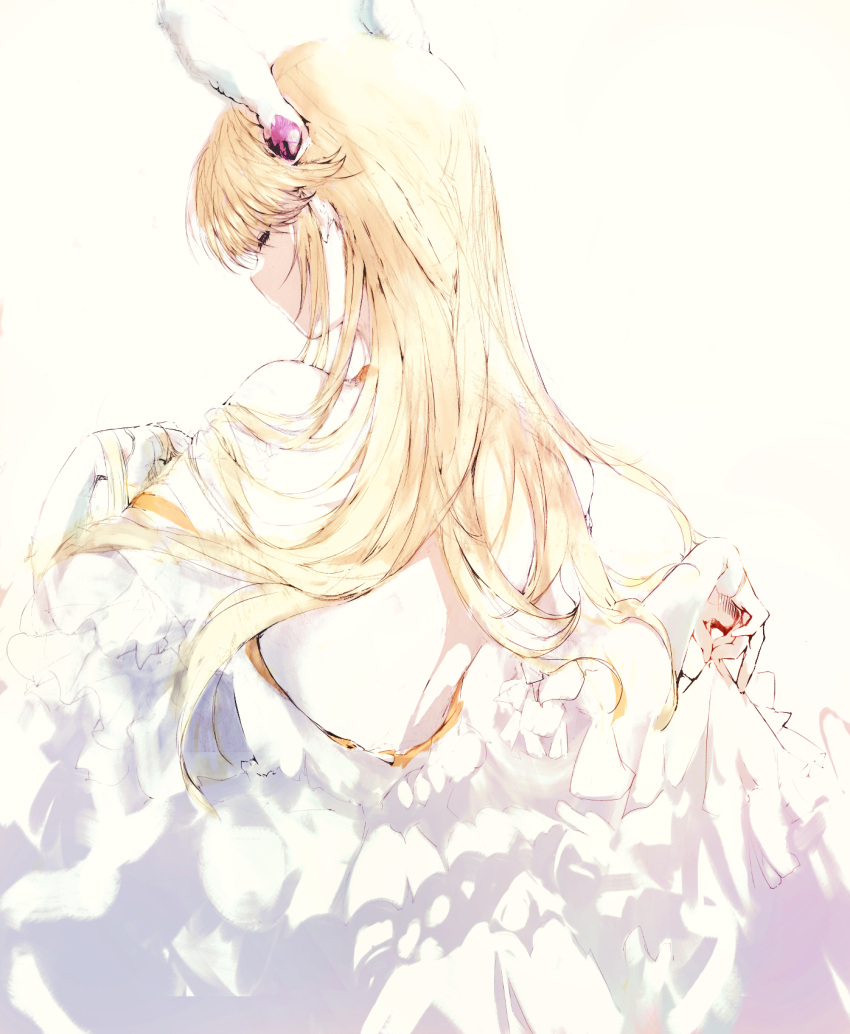 1girl agulo back backlighting blonde_hair dress elbow_gloves frilled_dress frills from_behind gloves highres long_hair off_shoulder pale_color pale_skin rance_(series) rance_ix shaded_face sheila_helman simple_background skirt_hold solo white_background