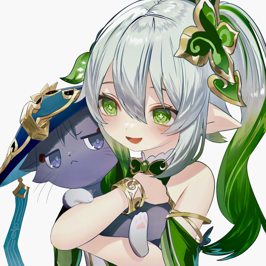 1boy 1girl absurdres animal animal_ears animal_nose bare_shoulders blue_headwear blush bracelet braid cat cat_ears closed_mouth cross-shaped_pupils detached_sleeves dress eyeshadow gem genshin_impact gold_bracelet gradient_hair green_eyes green_gemstone green_hair grey_hair hair_ornament hands_up hat heart heart_hair_ornament highres hug ikasoba jewelry jingasa leaf leaf_hair_ornament looking_at_another makeup multicolored_hair nahida_(genshin_impact) open_mouth pointy_ears ponytail purple_fur red_eyeshadow scaramouche_(cat)_(genshin_impact) scaramouche_(genshin_impact) short_sleeves side_ponytail sidelocks simple_background smile standing symbol-shaped_pupils tongue violet_eyes wanderer_(genshin_impact) white_background white_dress