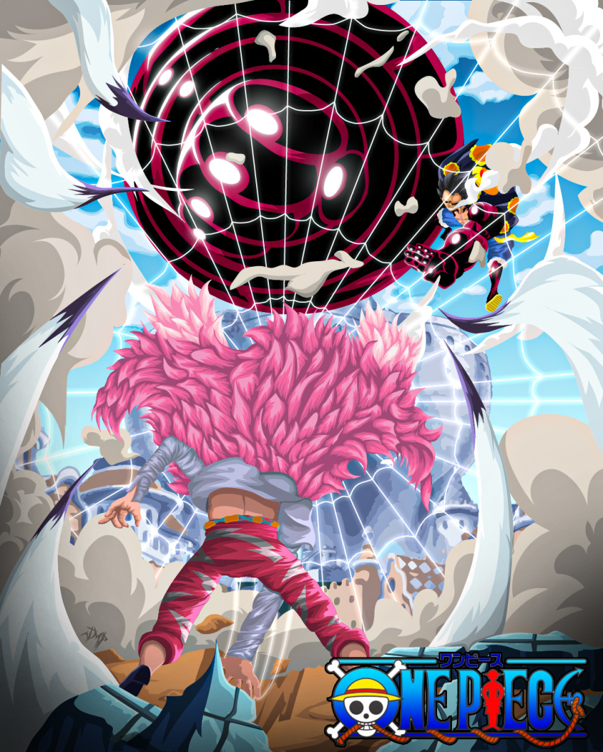 2boys black_hair blonde_hair donquixote_doflamingo feather_coat fighting fighting_stance full_body gear_fourth highres jm_productions male_focus monkey_d._luffy multiple_boys one_piece short_hair