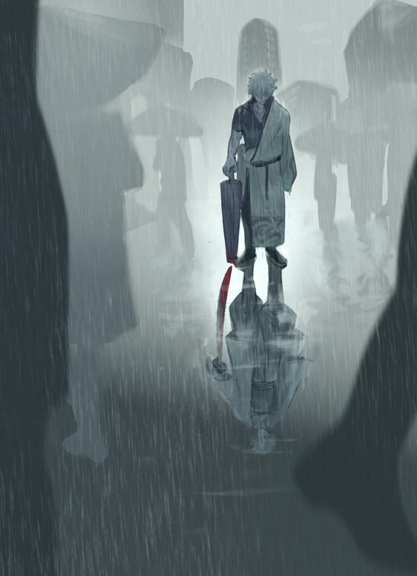 1boy 6+others aged_down belt black_shirt blood blood_on_weapon commentary_request different_reflection gintama gyoza_life_ggg hadanugi_dousa highres holding holding_sword holding_umbrella holding_weapon japanese_clothes katana kimono long_sleeves looking_down male_focus messy_hair multiple_others outdoors rain reflection ripples sakata_gintoki shirt short_hair short_sleeves silhouette solo_focus standing sword umbrella weapon white_hair