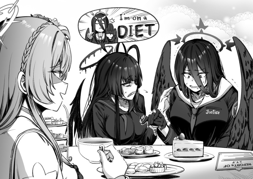 3girls ankoku_kishi_m antenna_hair black_wings blue_archive blunt_bangs braid cake cake_stand collarbone commentary_request crown_braid cup drooling english_text feathered_wings flower food gloves greyscale hair_between_eyes hair_flower hair_ornament halo hasumi_(blue_archive) highres holding holding_cup long_hair long_sleeves looking_at_another macaron monochrome multiple_girls nagisa_(blue_archive) plate school_uniform serafuku shaded_face sharp_teeth sidelocks simple_background spoken_character strawberry_shortcake sweatdrop table tea teacup teeth trembling tsurugi_(blue_archive) wings