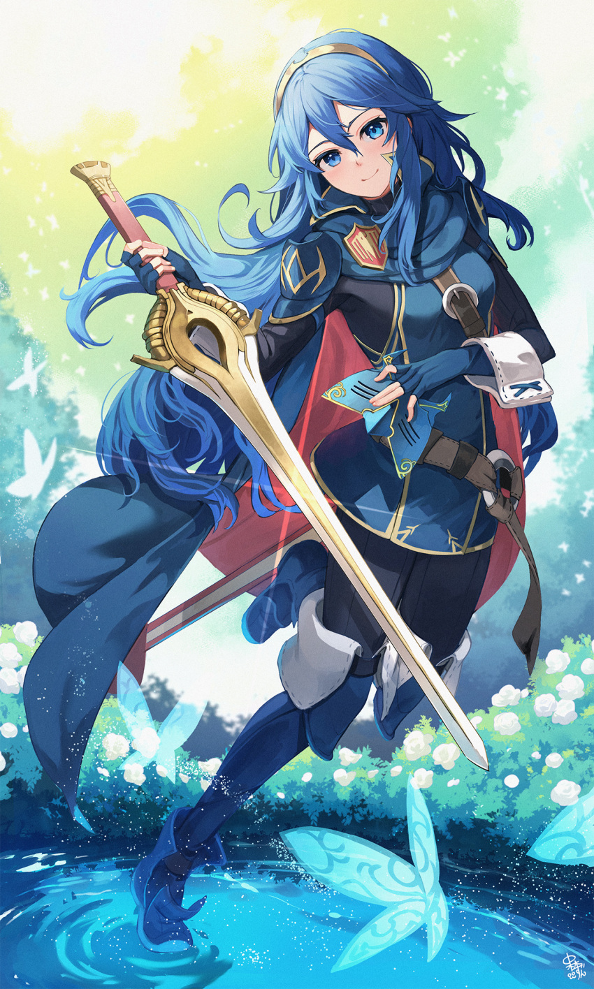 1girl blue_bodysuit blue_cape blue_eyes blue_footwear blue_gloves blue_hair bodysuit bug butterfly cape fingerless_gloves fire_emblem fire_emblem_awakening gloves highres holding holding_sword holding_weapon long_hair looking_at_viewer lucina_(fire_emblem) nakabayashi_zun red_cape smile solo standing standing_on_liquid sword tiara water weapon