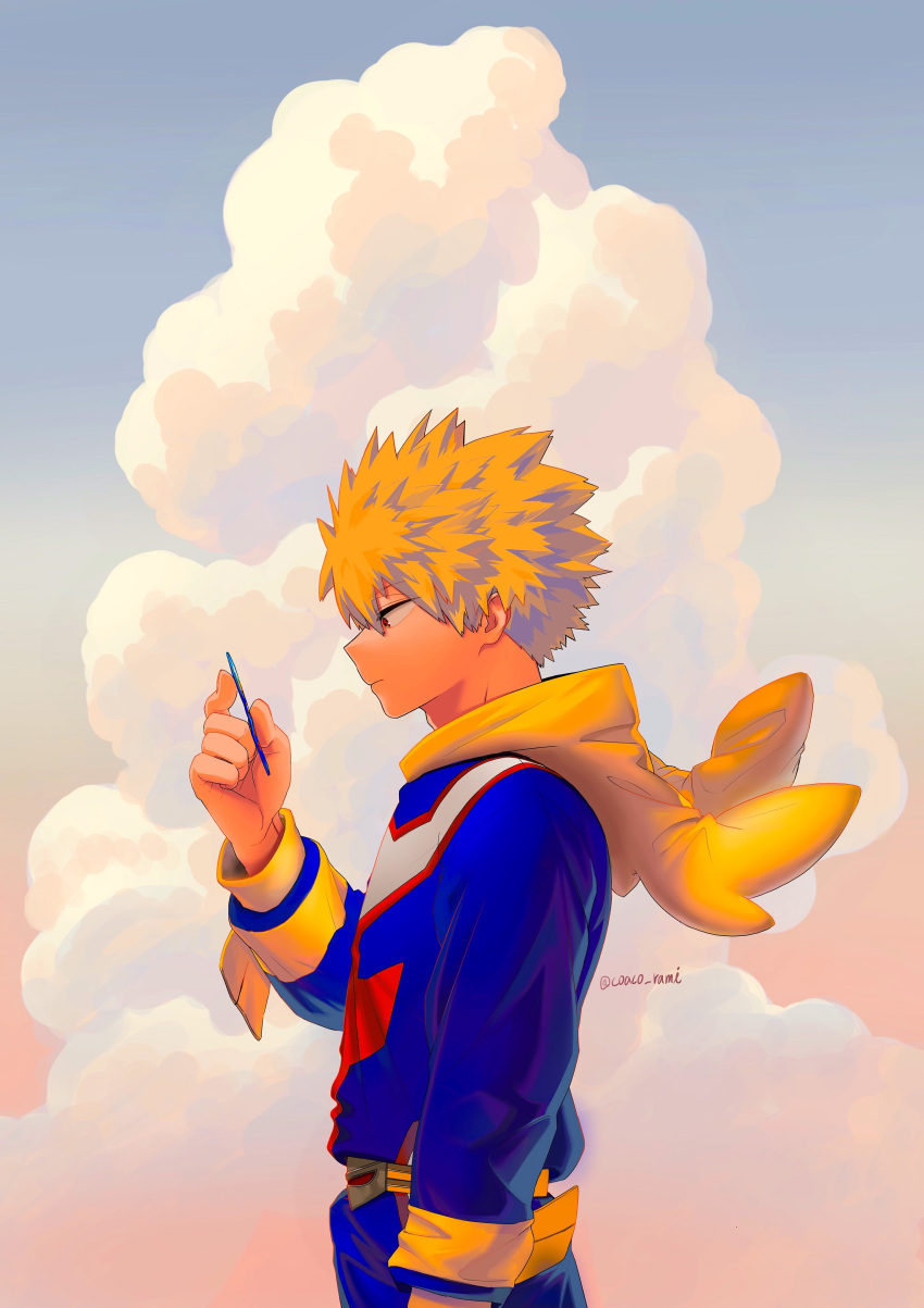1boy absurdres all_might arm_at_side bakugou_katsuki belt blonde_hair blue_sky boku_no_hero_academia card character_hood closed_mouth clouds cloudy_sky coaco_rami commentary_request cumulonimbus_cloud eyes_visible_through_hair floating_clothes floating_hair from_side gradient_sky grey_sky hand_up highres holding holding_card hood hood_down korean_commentary long_sleeves male_focus onesie orange_sky profile red_eyes short_hair sky sky_background solo spiky_hair spoilers trading_card twitter_username upper_body wind