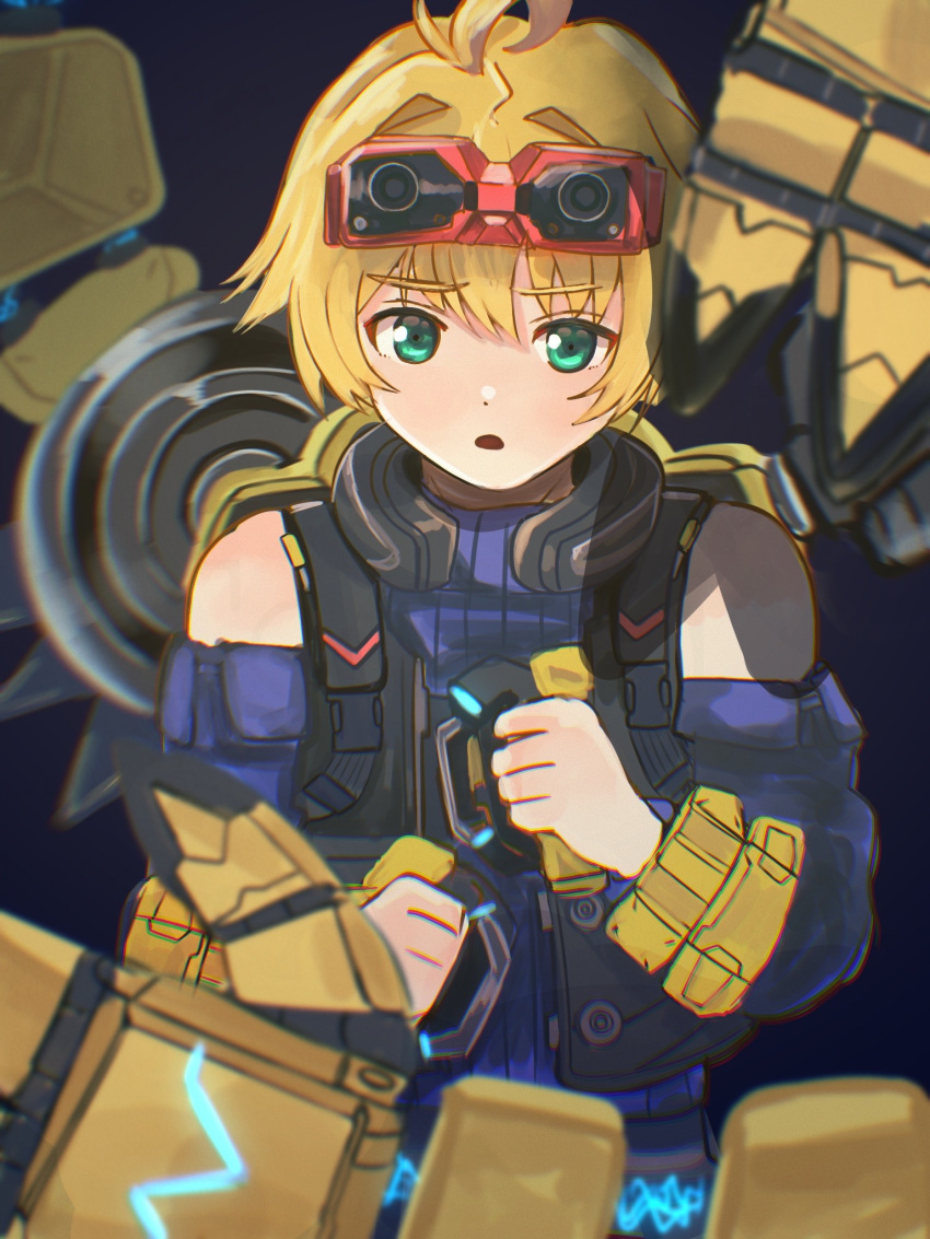 1boy ahoge aqua_eyes bare_shoulders black_vest blonde_hair blue_shirt blue_sleeves chromatic_aberration d: detached_sleeves goggles goggles_on_head hair_intakes highres long_sleeves looking_at_viewer male_focus mechanical_arms nikol_(xenoblade) open_clothes open_mouth open_vest ribbed_shirt shirt short_hair solo tochiryo turtleneck vest xenoblade_chronicles_(series) xenoblade_chronicles_3 xenoblade_chronicles_3:_future_redeemed