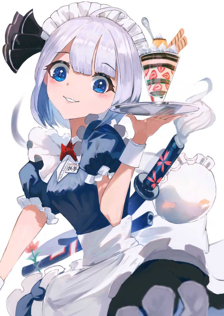 absurdres apron blue_eyes blue_shirt bow bowtie frilled_skirt frills grey_hair hat highres hitodama konpaku_youmu konpaku_youmu_(ghost) konpaku_youmu_(shivering_maid_samurai) looking_at_viewer maid maid_apron maid_headdress mob_cap myon_(phrase) parfait puffy_short_sleeves puffy_sleeves red_bow red_bowtie ryes_8 sheath shirt short_hair short_sleeves skirt sliding_doors smile touhou touhou_lost_word tray