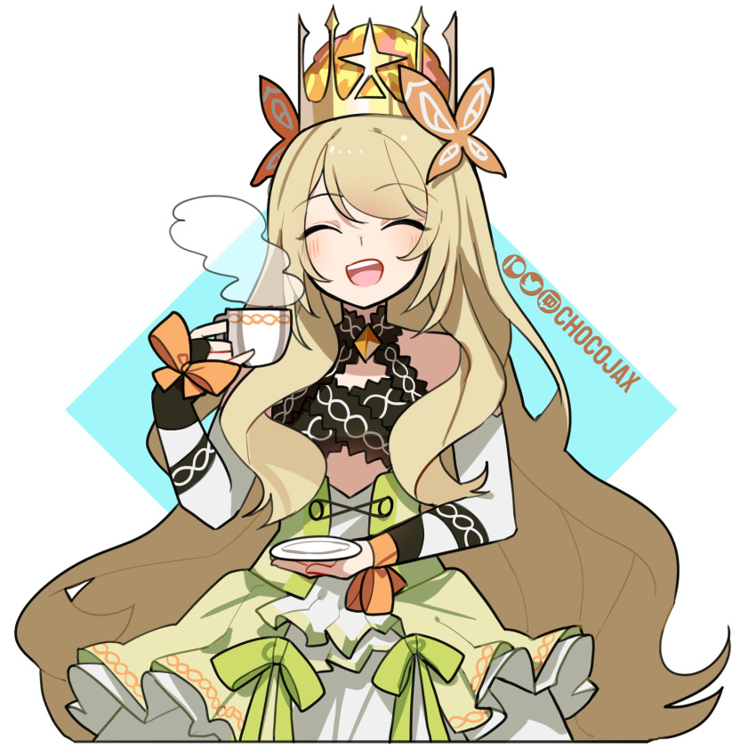 1girl artist_name blonde_hair bow butterfly_hair_ornament celine_(fire_emblem) chocojax closed_eyes crown cup dress english_commentary facing_viewer fire_emblem fire_emblem_engage flower green_bow hair_flower hair_ornament highres holding holding_cup holding_plate long_hair open_mouth orange_bow patreon_logo plate simple_background solo teacup teeth twitch_logo twitter_logo upper_teeth_only very_long_hair wrist_bow