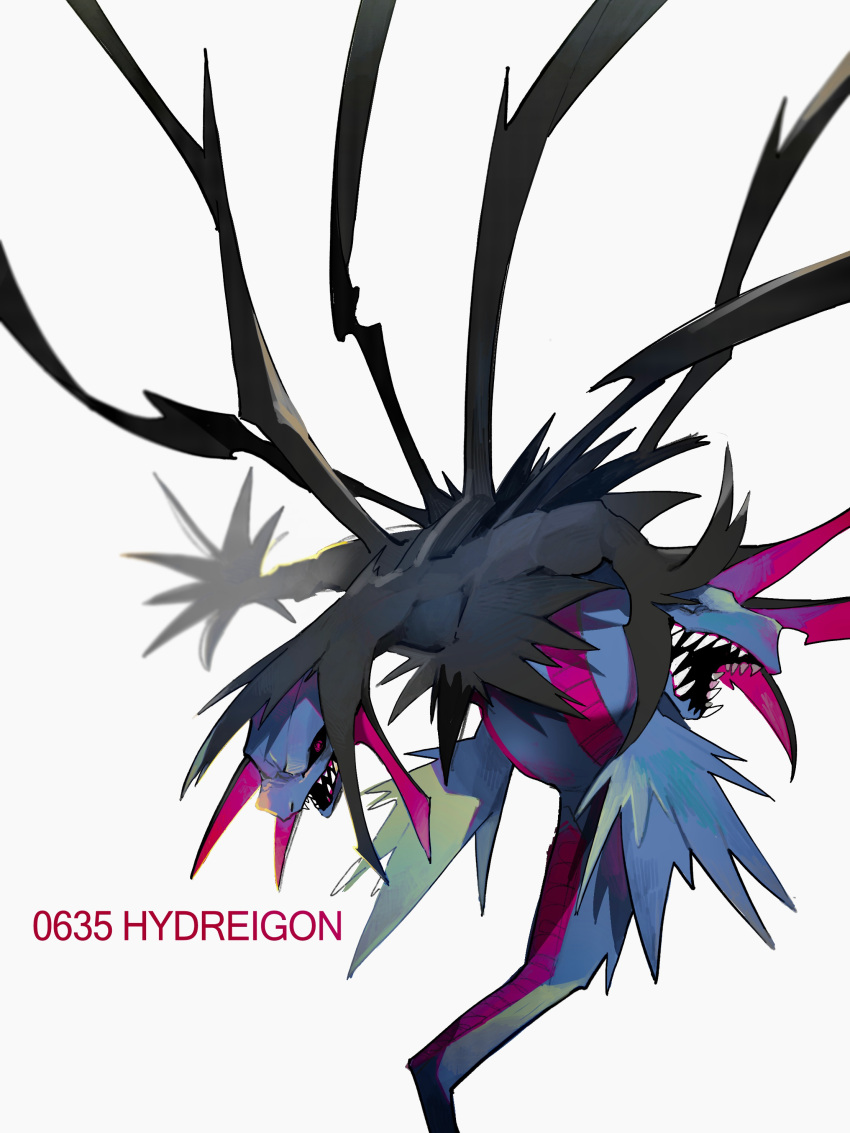absurdres black_sclera blurry character_name colored_sclera commentary_request highres hydreigon looking_down no_humans open_mouth pokedex_number pokemon pokemon_(creature) red_eyes sharp_teeth simple_background solo teeth white_background yamaarashi_(kakamiaku)