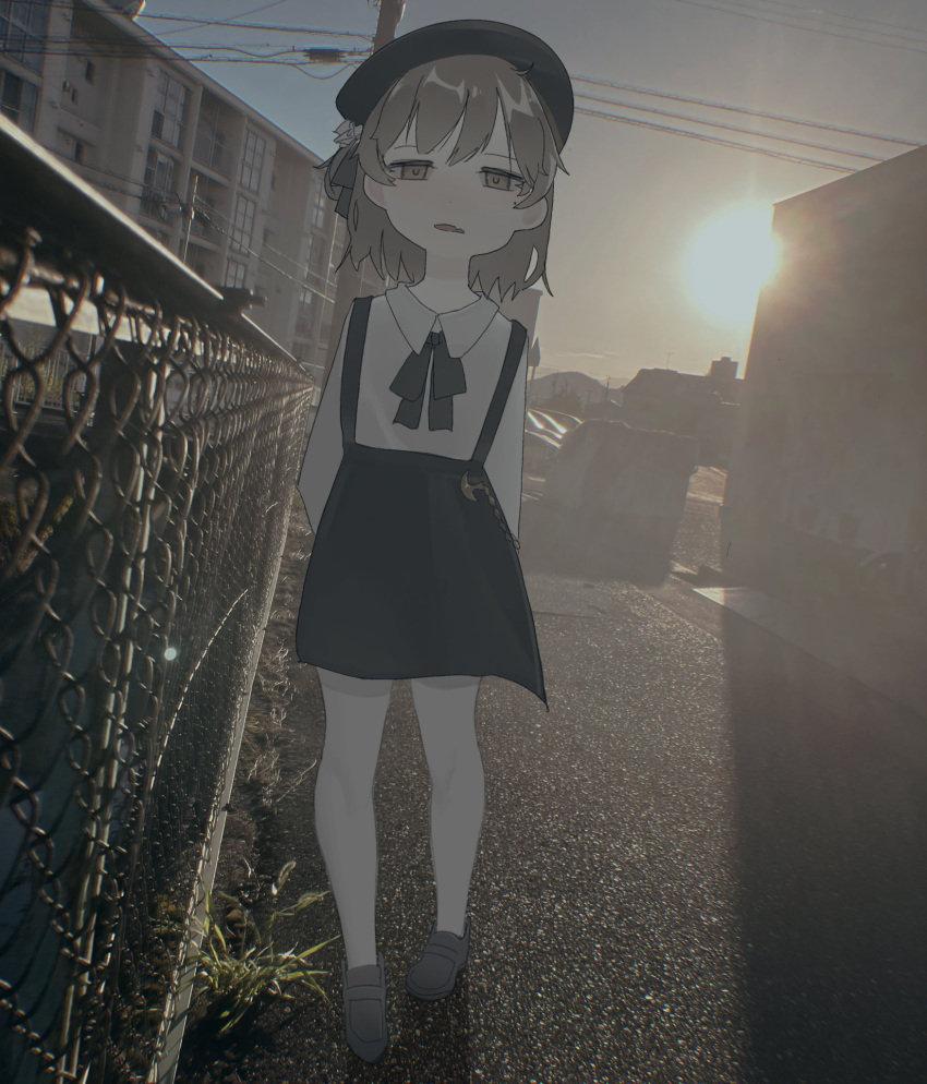 1girl arms_behind_back beret black_headwear black_ribbon black_skirt brown_eyes chain-link_fence collared_shirt commentary dutch_angle expressionless fence flower full_body hair_flower hair_ornament hair_ribbon half-closed_eyes hat hatoba_tsugu highres light_brown_hair loafers looking_at_viewer mole mole_under_eye neck_ribbon open_mouth outdoors photo_background power_lines ribbon shadow shirt shirt_tucked_in shoes short_hair si_(sitisi_28) skirt solo standing sun sunlight suspender_skirt suspenders tsugu_(vtuber) utility_pole virtual_youtuber weeds white_flower white_shirt