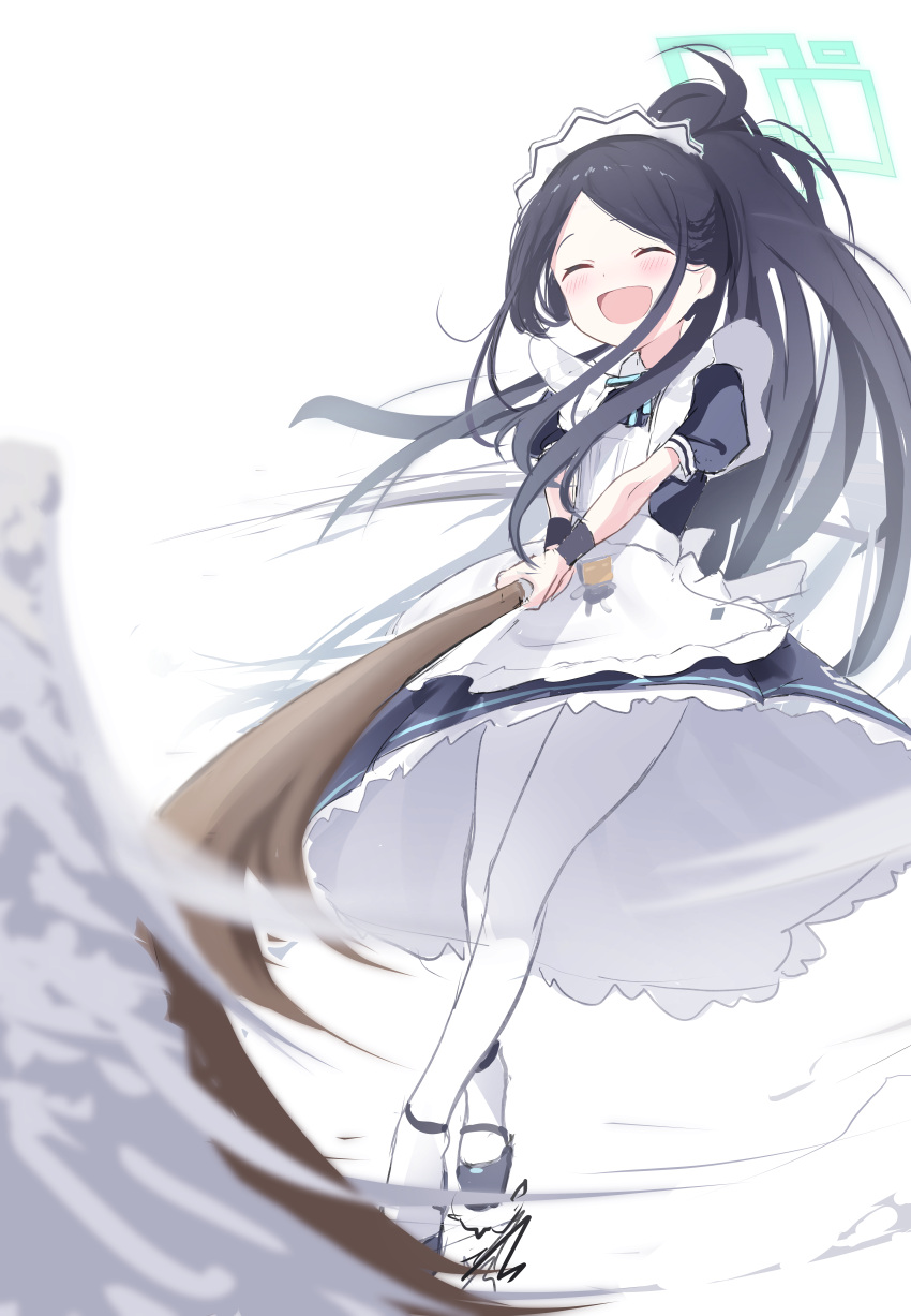 1girl :d ^_^ absurdres aris_(blue_archive) aris_(maid)_(blue_archive) bitseon black_hair blue_archive blush broom closed_eyes commentary_request halo highres holding holding_broom maid official_alternate_costume open_mouth pantyhose puffy_short_sleeves puffy_sleeves short_sleeves simple_background smile solo standing white_background white_pantyhose