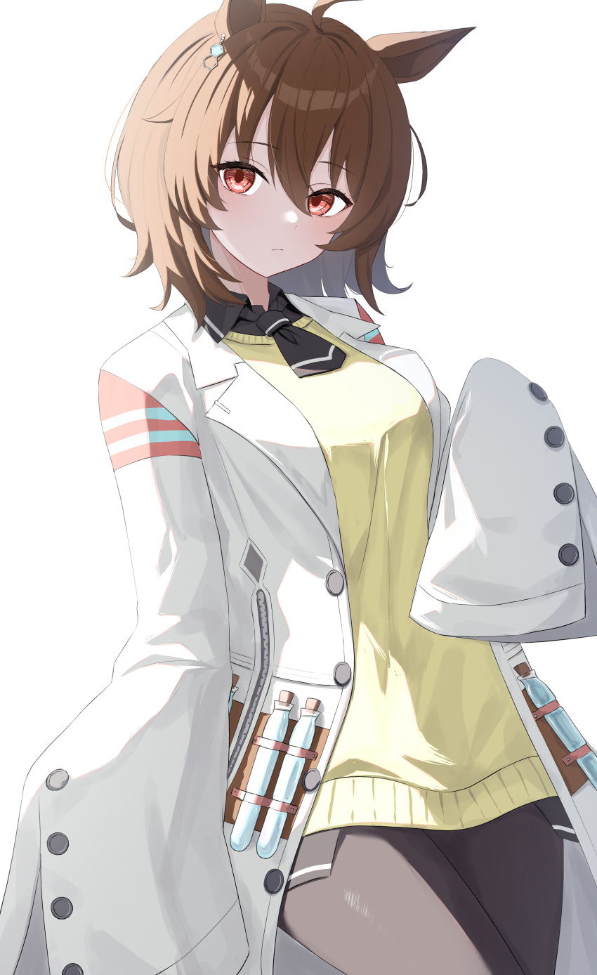 1girl absurdres agnes_tachyon_(umamusume) ahoge anima_miko animal_ears brown_eyes brown_hair chemical_structure closed_mouth commentary cowboy_shot earrings highres horse_ears horse_girl jewelry lab_coat long_sleeves looking_at_viewer necktie short_hair short_necktie simple_background single_earring sleeves_past_fingers sleeves_past_wrists solo sweater test_tube umamusume white_background yellow_sweater