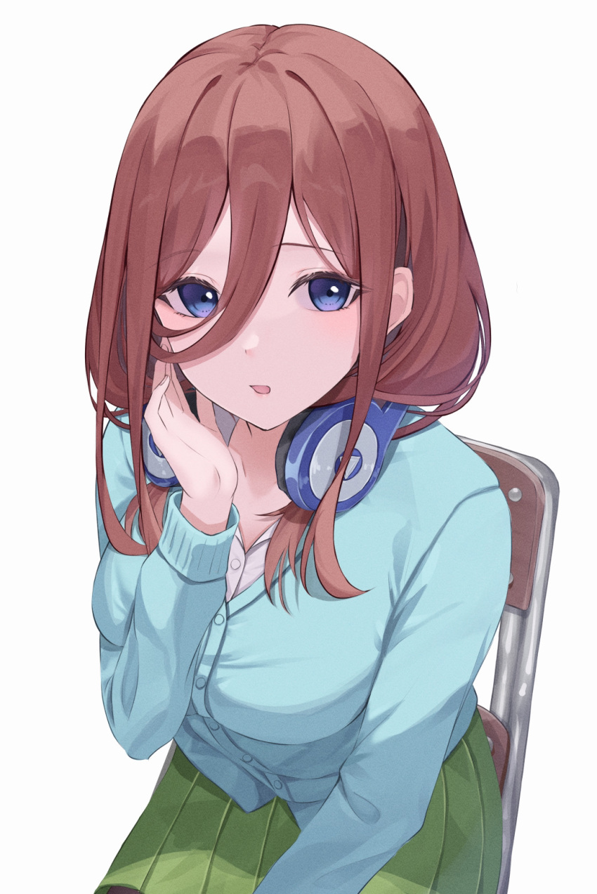 1girl blue_eyes blue_jacket breasts brown_hair collared_shirt commentary cowboy_shot double-parted_bangs eyelashes eyes_visible_through_hair fingernails go-toubun_no_hanayome green_skirt hair_between_eyes hair_over_one_eye hand_up headphones headphones_around_neck highres jacket komura_hiroto large_breasts light_blush long_hair long_sleeves looking_at_viewer miniskirt nakano_miku on_chair open_mouth pleated_skirt school_uniform shirt simple_background sitting skirt solo straight_hair uniform whispering white_background white_shirt