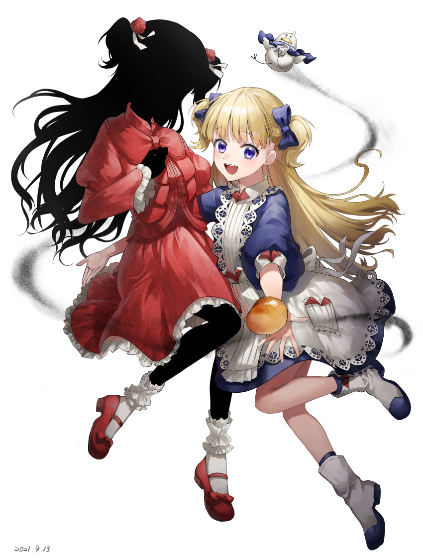 2girls :d absurdres ankle_boots apron black_hair black_skin blonde_hair blue_bow blue_dress blue_eyes blush bobby_socks boots bow bread colored_skin commentary_request coppepan dated dress emilico_(shadows_house) flower food full_body hair_bow hair_flower hair_ornament highres juliet_sleeves kate_(shadows_house) long_hair long_sleeves looking_at_viewer mary_janes multiple_girls open_mouth outstretched_arm pan-chan_(shadows_house) puffy_sleeves red_dress red_flower red_footwear red_rose rose shadow_(shadows_house) shadows_house shoes simple_background smile socks soot twintails two_side_up white_apron white_background white_footwear white_socks