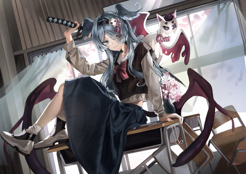 1girl alternate_costume black_hairband black_sclera black_shirt blue_eyes blue_hair blue_skirt bow chair classroom collarbone colored_sclera cropped_shirt delinquent desk dragon elira_pendora grey_sweater hair_ornament hairband head_wings highres holding holding_sword holding_weapon indoors jewelry katana long_skirt low_wings mellowone necklace nijisanji nijisanji_en on_desk one_eye_covered pikl_(elira_pendora) pink_bow pink_eyes shirt shoes sitting skirt skull_hair_ornament sleeves_past_wrists smile solo sukeban sweater sword virtual_youtuber weapon white_footwear wings