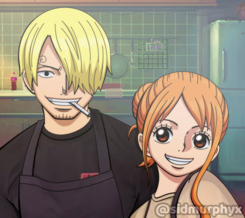 1boy 1girl artist_name blonde_hair cigarette facial_hair hair_over_one_eye highres kitchen long_hair looking_at_viewer nami_(one_piece) one_piece one_piece_(live_action) orange_hair refrigerator sanji_(one_piece) short_hair sidmurphyx smile