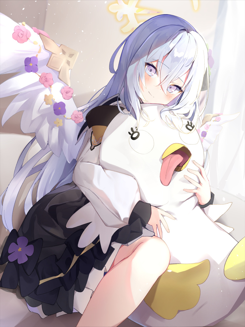 1girl absurdres angel_wings azusa_(blue_archive) black_skirt blue_archive doll_hug flower grey_hair halo highres long_hair object_hug peroro_(blue_archive) skirt smile stuffed_animal stuffed_toy tongue tongue_out violet_eyes wings yamada_auto