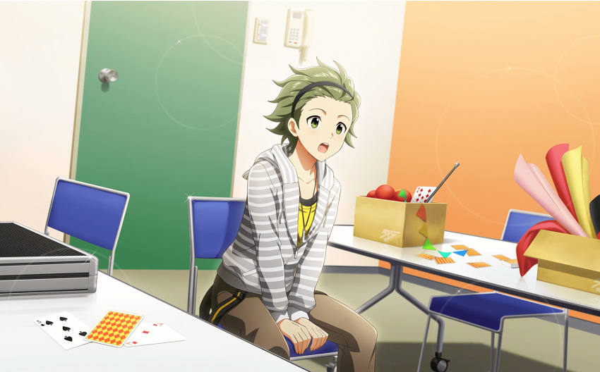 1boy black_hairband card chair door fingernails green_eyes grey_hair hairband highres hood hoodie idolmaster idolmaster_side-m idolmaster_side-m_live_on_stage! indoors long_sleeves mitarai_shouta official_art open_mouth pants sitting table
