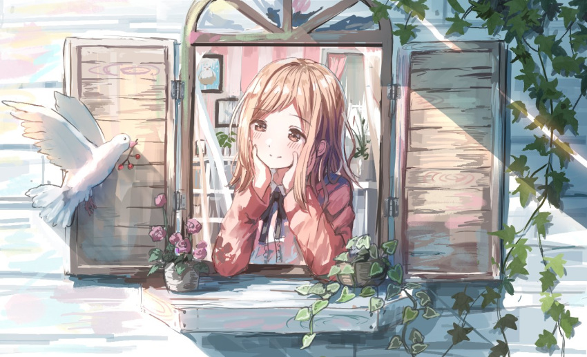 1girl bird black_ribbon blush breasts brown_eyes brown_hair cardigan closed_mouth dot_nose dove flower_pot hands_on_own_face head_rest idolmaster idolmaster_shiny_colors light_brown_hair long_hair long_sleeves looking_at_another medium_breasts neck_ribbon nemu_kotatsu open_window picture_frame pink_cardigan plant potted_plant ribbon sakuragi_mano shadow shirt smile solo sunlight vines white_shirt window
