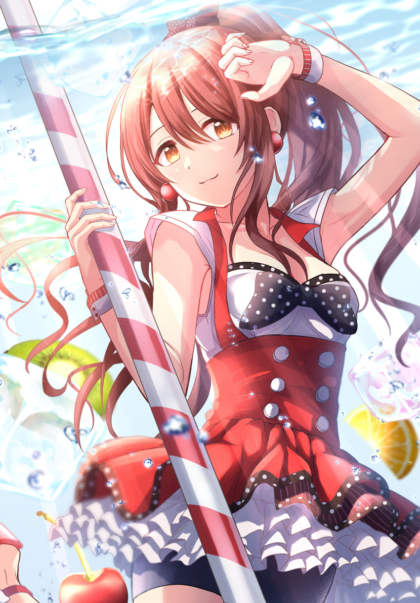 1girl absurdres air_bubble arm_up armpits bike_shorts bow brown_hair bubble citrusmikan commentary_request dress dutch_angle earrings food frilled_skirt frills fruit hair_bow high_ponytail highres ice ice_cube idolmaster idolmaster_shiny_colors jewelry long_hair looking_at_viewer osaki_tenka red_dress skirt solo two-tone_dress underwater wrist_cuffs yellow_eyes