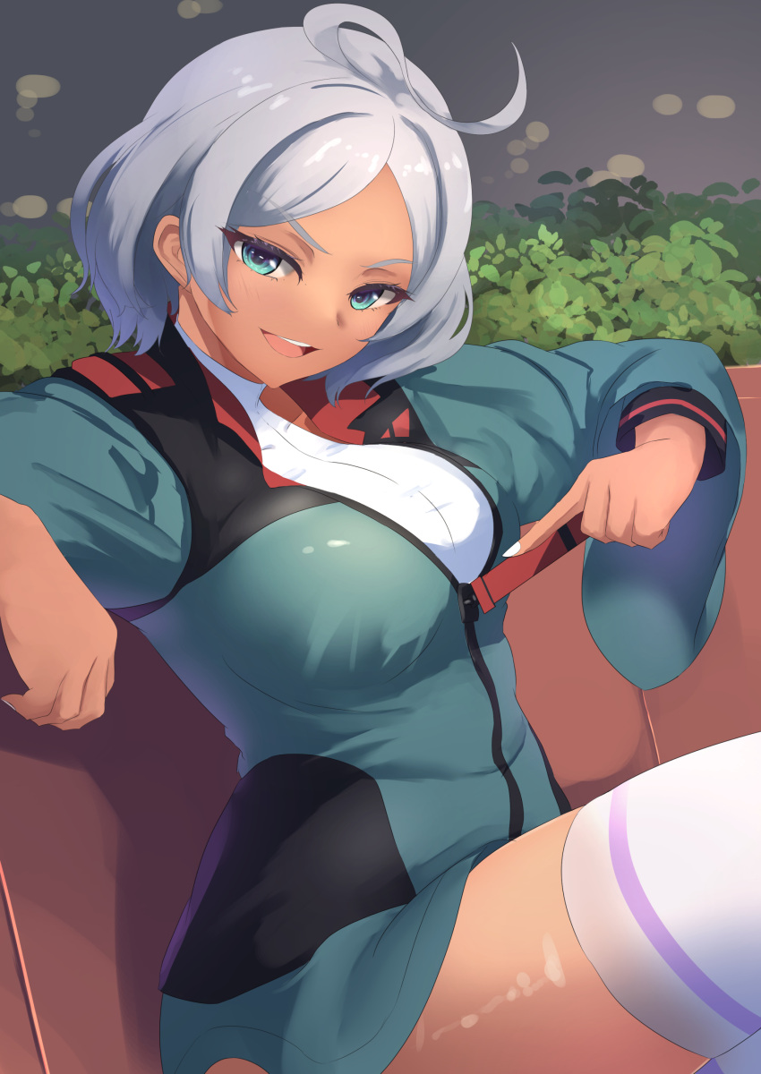 1girl absurdres ahoge asticassia_school_uniform blue_eyes breasts butter_curry couch dark-skinned_female dark_skin gundam gundam_suisei_no_majo highres large_breasts on_couch partially_unzipped school_uniform secelia_dote sitting thigh-highs undershirt unzipping white_hair white_nails