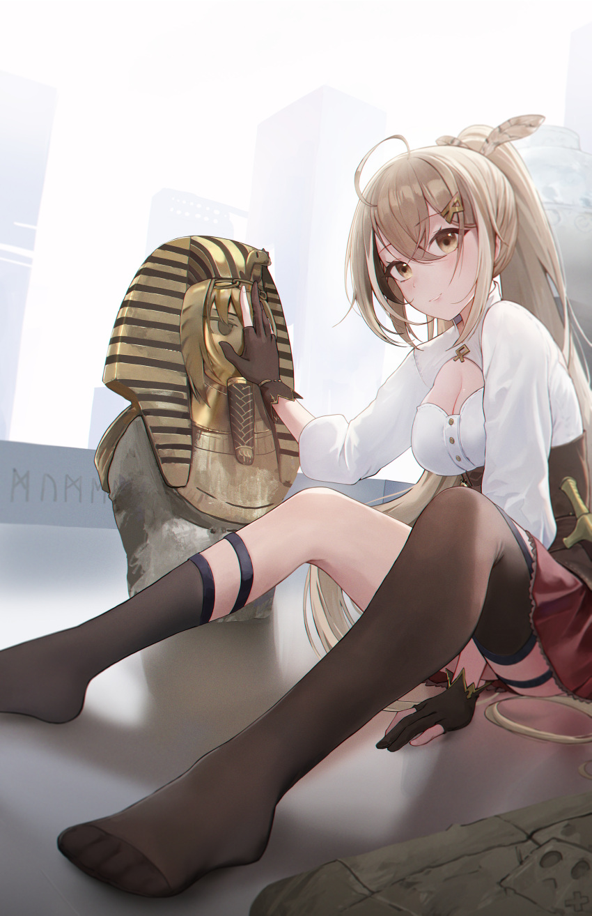 1girl absurdres ahoge asymmetrical_legwear belt boros_(ouro_kronii) brown_corset brown_eyes brown_hair building city cleavage_cutout clothing_cutout corset crossed_bangs dagger feather_hair_ornament feathers fingernails fog friend_(nanashi_mumei) gloves hair_ornament hairclip highres hololive hololive_english knee_strap kneehighs knife long_hair looking_at_viewer multicolored_hair nanashi_mumei objectification ouro_kronii partially_fingerless_gloves pleated_skirt ponytail red_skirt runes shirt single_kneehigh single_sock single_thighhigh skirt skyscraper smile socks sphinx statue stone_tablet streaked_hair thigh-highs thigh_strap very_long_hair virtual_youtuber weapon wei_hua_(vlad_3) white_shirt