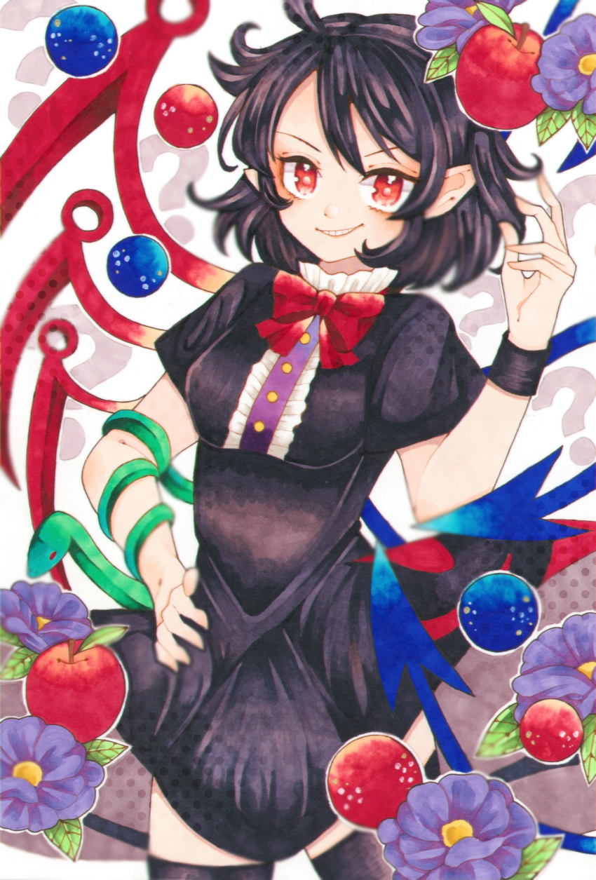 1girl ? absurdres apple asymmetrical_wings black_dress black_hair blue_flower blurry breasts depth_of_field dress flower flower_request food fruit grin hand_on_own_hip hand_up highres houjuu_nue looking_at_viewer marker_(medium) medium_breasts messy_hair miyabiii_oekaki pointy_ears red_eyes short_hair simple_background smile snake solo thigh-highs touhou traditional_media white_background wings wristband