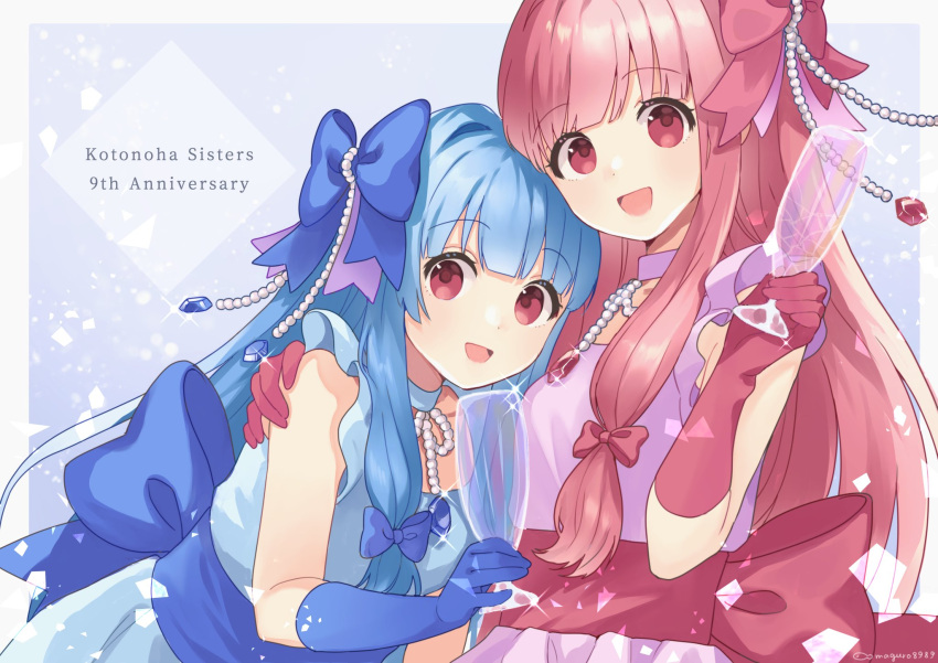 2girls anniversary arm_around_shoulder binchou_maguro blue_background blue_bow blue_dress blue_gloves blue_hair blunt_bangs bow champagne_flute commentary_request cup dress drinking_glass elbow_gloves english_text frilled_dress frills gem gloves hair_bow hand_up highres holding holding_cup hug jewelry kotonoha_akane kotonoha_aoi long_hair looking_at_viewer multiple_girls necklace open_mouth outside_border pearl_necklace pink_bow pink_gloves pink_hair purple_dress red_eyes siblings sidelocks sisters sleeveless sleeveless_dress smile sparkle upper_body voiceroid waist_bow