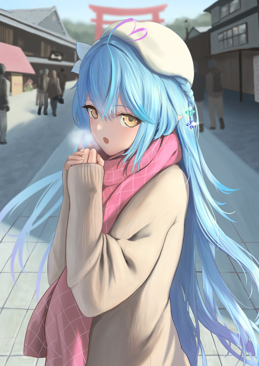 1girl absurdres ahoge beret blue_hair blurry blurry_background braid breath brown_sweater day flower hair_between_eyes hair_flower hair_ornament hands_up hat heart heart_ahoge highres hololive long_hair long_sleeves looking_at_viewer new_year open_mouth outdoors pink_scarf scarf sleeves_past_wrists solo_focus sweater torii torjun_111 upper_body very_long_hair virtual_youtuber white_flower white_headwear winter yellow_eyes yukihana_lamy