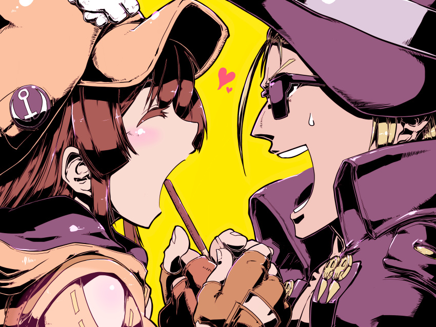 1boy 1girl anchor_symbol blonde_hair blush brown_gloves brown_hair cabbie_hat closed_eyes cowboy_hat fingerless_gloves food from_side gloves guilty_gear guilty_gear_strive guilty_gear_xrd hat hat_ornament heart highres johnny_(guilty_gear) may_(guilty_gear) open_mouth pirate pocky simple_background skull_and_crossbones skull_hat_ornament sunglasses sweatdrop tamotu_kun yellow_background