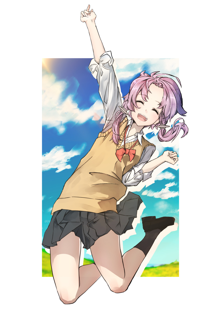 1girl absurdres arm_up black_skirt black_socks blue_sky border bow bowtie closed_eyes clouds collared_shirt comiket_94 commentary_request drop_shadow field floating_hair forehead full_body hand_up highres jaggy_lines jumping light_purple_hair loafers loose_bowtie miyota open_mouth outside_border pleated_skirt popped_collar red_bow red_bowtie school_uniform shirt shoes short_hair_with_long_locks skirt sky sleeves_rolled_up smile socks solo sunlight sweater_vest vocaloid voiceroid white_border white_shirt yellow_sweater_vest yuzuki_yukari