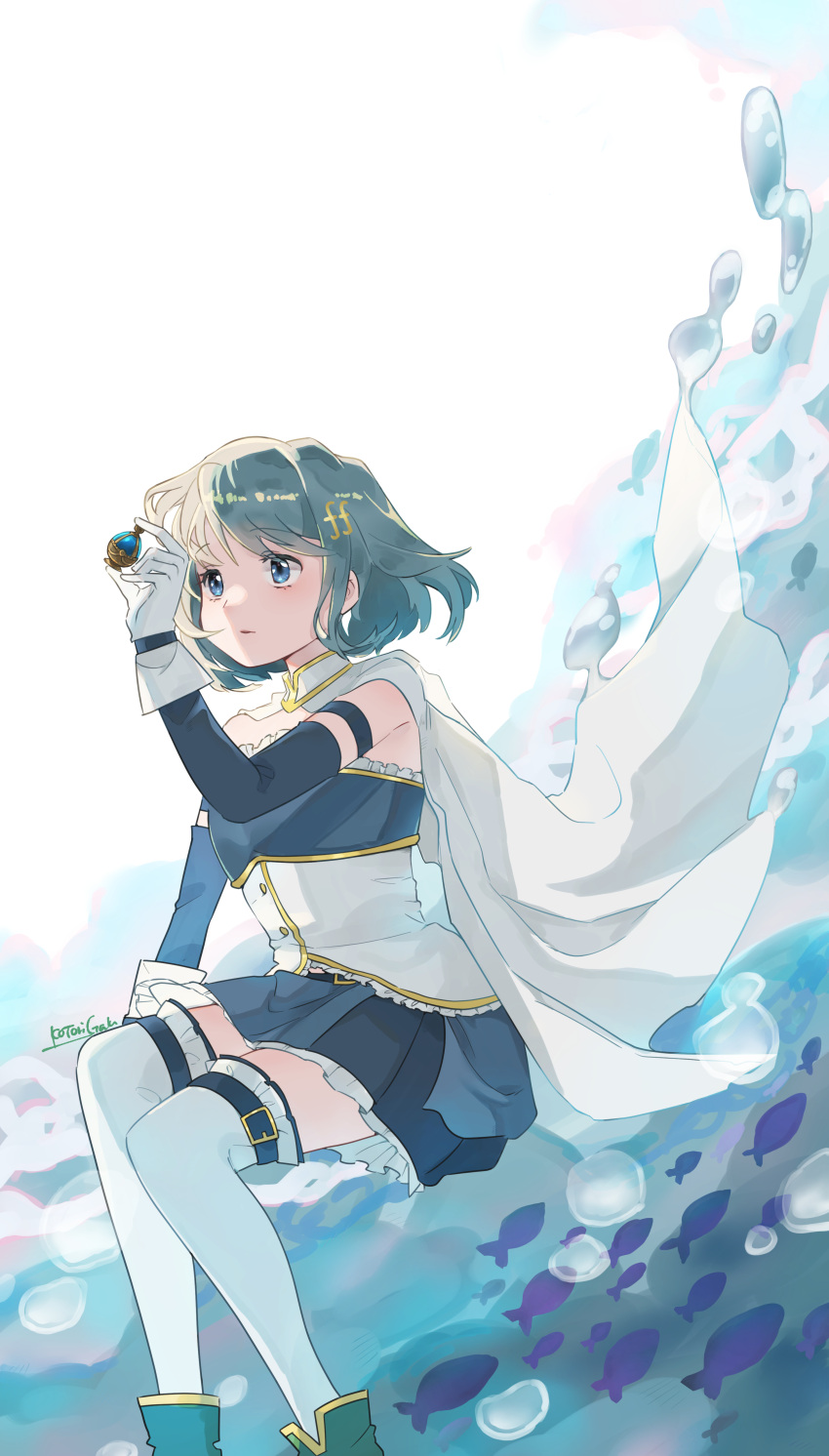 1girl absurdres ankle_boots artist_name blue_eyes blue_footwear blue_hair blue_skirt boots bubble cape commentary_request elbow_gloves feet_out_of_frame fish gloves hair_ornament highres holding kotori_gaku mahou_shoujo_madoka_magica miki_sayaka musical_note musical_note_hair_ornament parted_lips short_hair sitting skirt solo soul_gem thigh-highs water_drop white_cape white_gloves white_thighhighs zettai_ryouiki